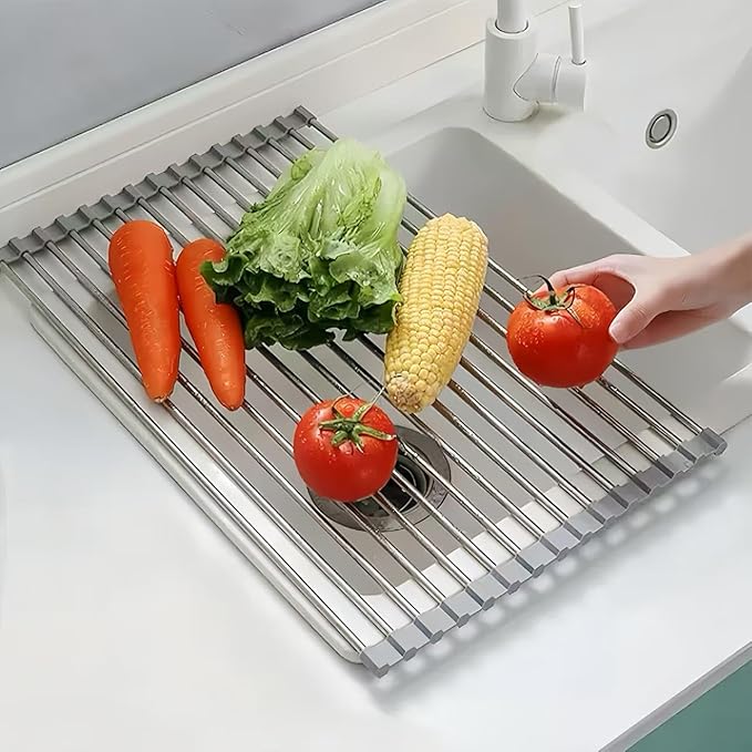 Roll Up Dish Drying Rack 19.7" x 15.8" Over The Sink Dish Drying Rack, Kitchen Dish Rack Stainless Steel Dish Drying Rack for Kitchen Sink Counter Storage (Grey)