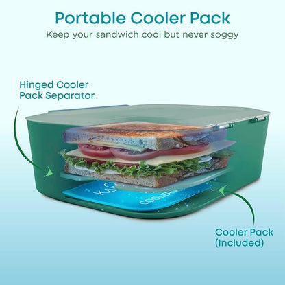 KARRICO Leakproof Lunch Box – 3-Compartment Bento Box, Cooler Pack & Adjustable Divider, Extra Large & BPA-Free – Dishwasher Safe, Ideal for On-the-Go Meals, Green