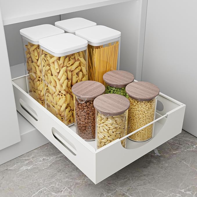Pull Out Cabinet Organizer - Smoothly Sliding Drawers for Cabinet Carbon Steel Sturdy Slide Out Drawers for Kitchen Cabinet, Pantry, Bathroom (White)