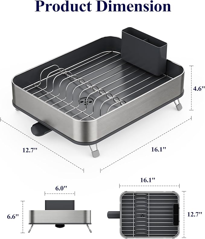 Kitsure Dish Drying Rack - Stainless Steel Dish Rack with Cutlery Holder, Rust-Resistant Wrapped Edges, Space-Saving Dish Racks for Kitchen Counter, 16.1" x 12.7" x 4.6", Black