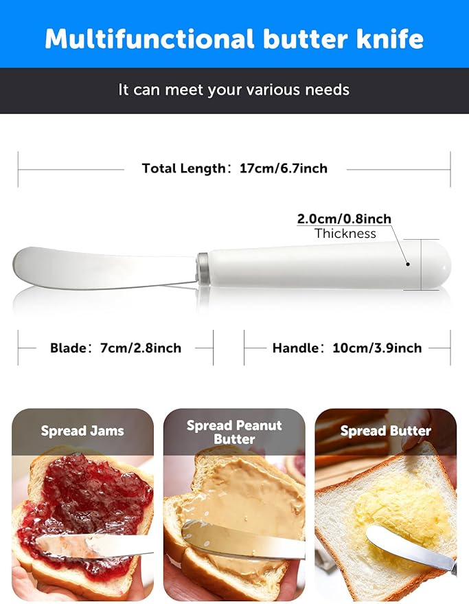 AISBUGUR Butter Spreader Knife, 4-Pack Stainless Steel With Comfortable Handle and Curved Blade for Better Scooping of Jam and Peanut Butter - 6.7" White