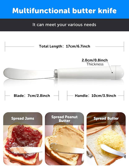 AISBUGUR Butter Spreader Knife, 4-Pack Stainless Steel With Comfortable Handle and Curved Blade for Better Scooping of Jam and Peanut Butter - 6.7" White