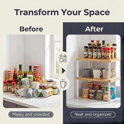 Kitchen Cabinet Organizer Shelf, Set of 4 Stackable Spice Rack Storage, Heavy Duty Metal & Wood Countertop Display Stand for Seasoning Bottles, Jars & Pantry Essentials（Bamboo）