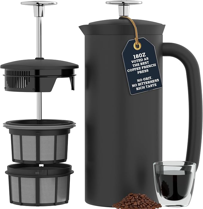 ESPRO Pro P7 French Press Stainless Steel 304 – Patented Double Walled Micro-Filter Insulated French Press Coffee Maker, Grit-Free Brew - Heat Resistant BPA Free - Matte Black - 18oz
