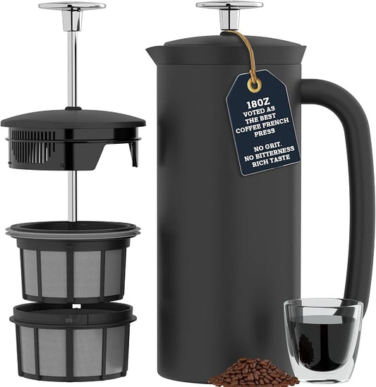 ESPRO Pro P7 French Press Stainless Steel 304 – Patented Double Walled Micro-Filter Insulated French Press Coffee Maker, Grit-Free Brew - Heat Resistant BPA Free - Matte Black - 18oz