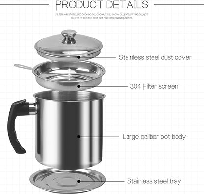 Bacon Grease Container With Strainer,1.3L(46 fl. oz.) Kitchen Stainless Steel Oil Container Can with Strainer and Anti-slip coaster tray for Store Meat Frying Oil and Cooking Grease Storage