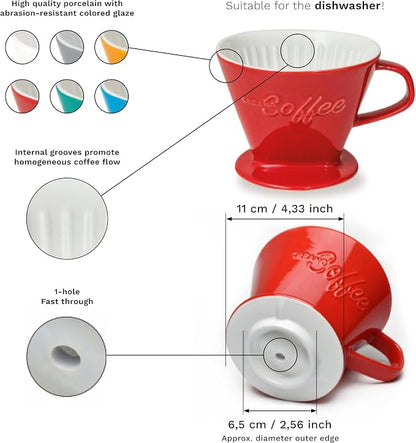 Creano XXL Porcelain Coffee Dripper Red - Ceramic Cone Brewer - Pour Over Coffee Maker - Filter Size 4 - huge and heavy quality 800gr/28oz - 6 Colours availeble