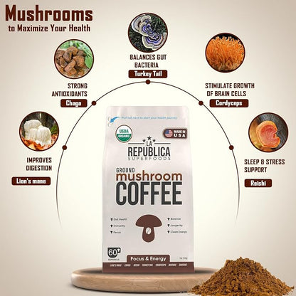 La Republica Organic Mushroom Coffee Ground 2-Pack (120 servings) made w/Shade Grown Arabica Coffee Beans, Lion's Mane, Reishi, Chaga, Cordyceps, Turkey Tail & More I USDA Non-GMO Fairtrade Low Acid