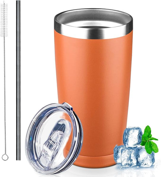 20 oz Tumbler with Lids and Straws, Stainless Steel Insulated Coffee Tumbler, Double Wall Vacuum Insulated Travel Mug Cup, Leakproof Thermal Coffee Cup for Hot and Cold Drinks (Orange)