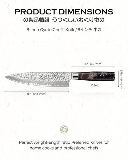 Japanese Chef Knife, 67-Layer Damascus Steel 8 Inch Kitchen Knife with AUS-10 Core, Professional Hand Forged Gyuto Knife with Gift Box, Ergonomic Handle, Ideal Valentine's Day Gifts for Men Women