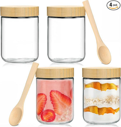 TBWIND 4 Pack 16oz Glass Jars with Bamboo Lids, Spoons, Airtight Overnight Oats Containers, Wide Mouth Mason Jars, Food Storage Container for Yogurt Salad Snacks Spice Sugar Meal Prep – Reusable