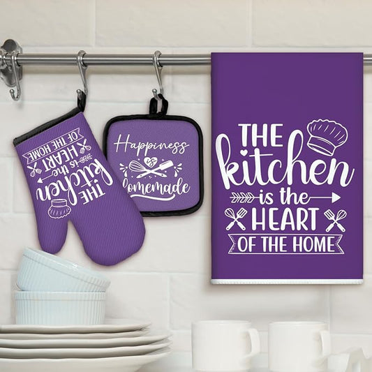 Sratte 6 Pcs Kitchen Decor Accessories Set Farmhouse Towels Pot Holders Oven Mitts Set 2 Dish Towels 2 Potholders 2 Cooking Mittens Oven Glove for Christmas Baking Cooking (Purple,Kitchen)