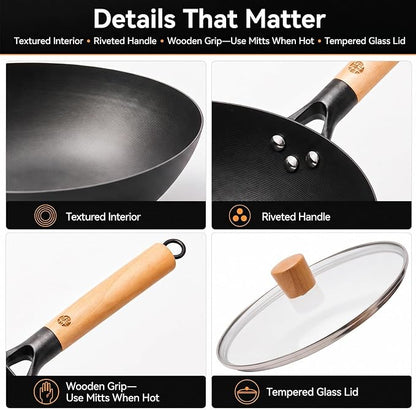 WANGYUANJI 12.6 Inch Carbon Steel Wok Pan with Glass Lid and Spatula, Nitrided Flat Bottom Wok Set, Uncoated Stir Fry Pan for 2-4 Servings, Gas, Electric, Ceramic and Induction Cooktops