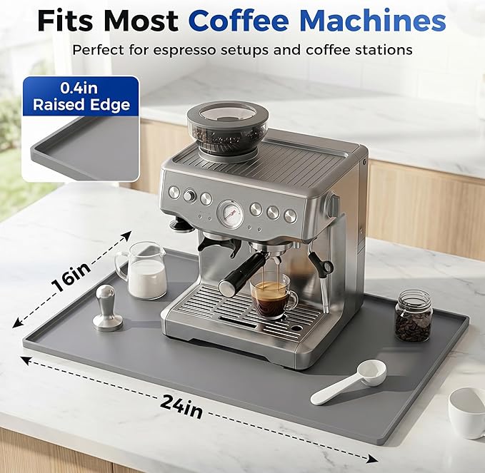 Gray mat with raised edge for coffee machines on a kitchen counter