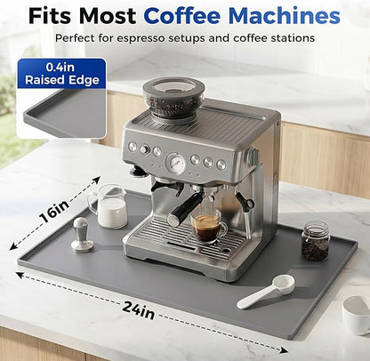 Gray mat with raised edge for coffee machines on a kitchen counter