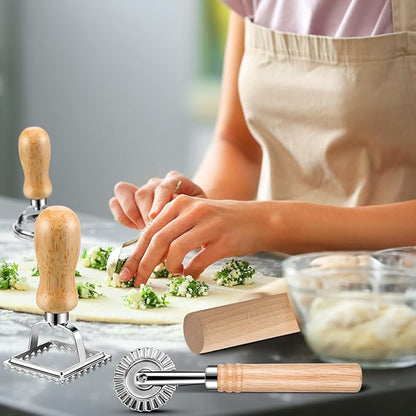 8 Pieces Ravioli Mold Set, ravioli cutter, Ravioli Maker Cutter with Roller Wheel, Ravioli Cutter Set with Wooden Handle, Pasta Making Kit for Ravioli Press Mold. Suitable for home and restaurant us