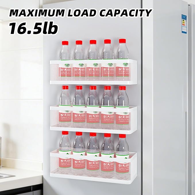 3 Pack Magnetic Spice Rack for Refrigerator, Heavy Duty White Metal Fridge Organizers & Storage Baskets, Multi-use Magnetic Shelves for Kitchen Organization, Pantry, Laundry Room & Bathroom Storage
