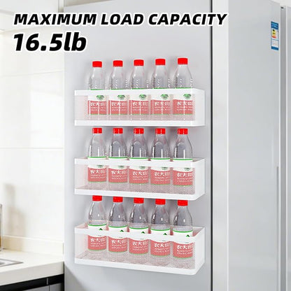 3 Pack Magnetic Spice Rack for Refrigerator, Heavy Duty White Metal Fridge Organizers & Storage Baskets, Multi-use Magnetic Shelves for Kitchen Organization, Pantry, Laundry Room & Bathroom Storage