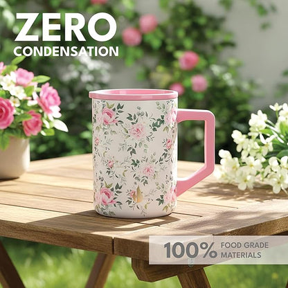Elemental Insulated Coffee Mug - Triple-Wall Stainless Steel Summit Travel Cup for Hot and Cold Drinks - Thermal Coffee Mug with Lid and Handle for Camping, Office & Travel 16oz - Rose Garden