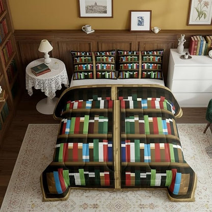 Manfei Pixel Bookshelf Kids Comforter Set,Pixelated Bookcase Vedio Game Bedding Set All Season,Books Modern Building Games Comforter 2 Pcs with 1 Pillowcase,Toddler Size