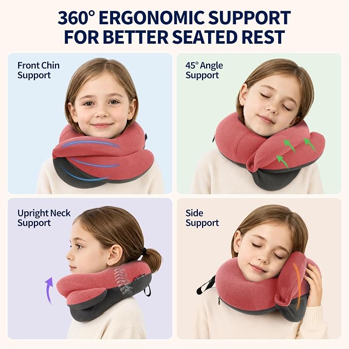 BUYUE Kids Travel Pillows for Airplane, Memory Foam 360° Head Support Sleeping Essentials for Girls Long Flight, Skin-Friendly Soft Neck Pillow for Traveling in Car Seat, (Small, Pink Grey, 40-90 lbs)