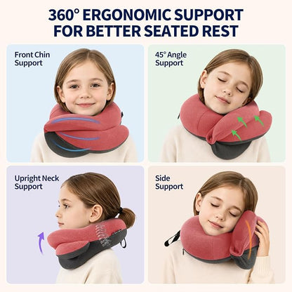 BUYUE Kids Travel Pillows for Airplane, Memory Foam 360° Head Support Sleeping Essentials for Girls Long Flight, Skin-Friendly Soft Neck Pillow for Traveling in Car Seat, (Small, Pink Grey, 40-90 lbs)