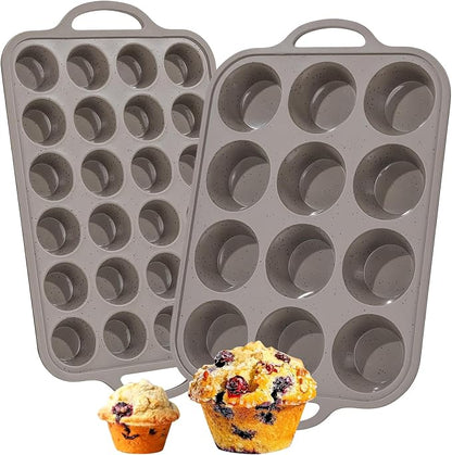 CAKETIME Silicone Muffin Pans for Baking, Metal Reinforced Frame Regular 12 Cups & Mini 24 Cups Cupcake Pan Set Nonstick Muffin Pan for Homemade Baking Easy to Handle