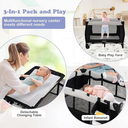 INFANS 3 in 1 Pack and Play, Portable Travel Baby Bassinet with Detachable Mattress, Changing Table, Foldable Playpen with Carry Bag, 2 Wheels (Morden)
