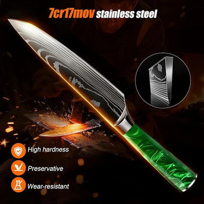 10-Piece Premium Japanese Kitchen Knife Set - Star Collection, Laser Damascus Pattern, 440A Stainless Steel Ultra Sharp for Fast Cutting (Green)