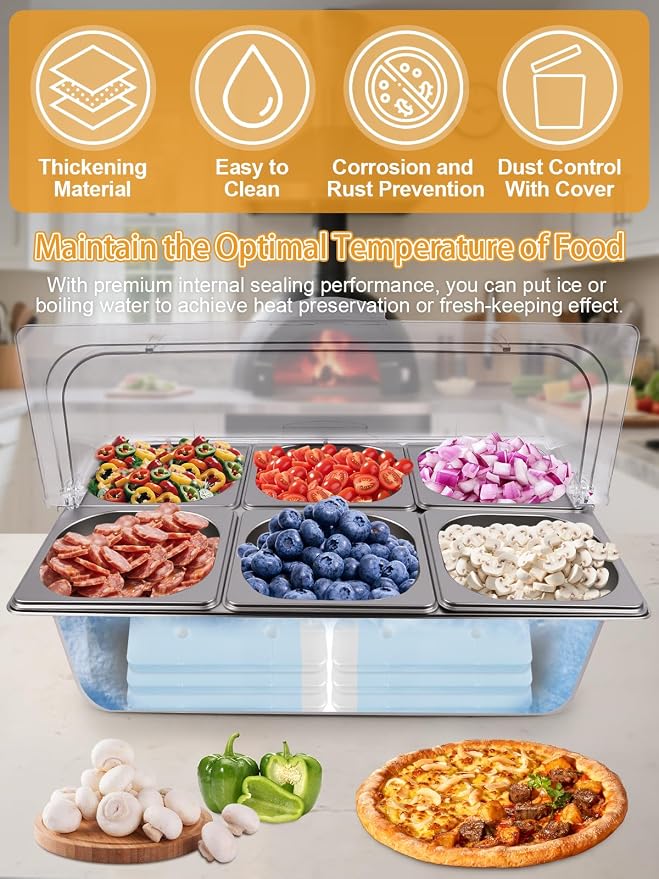 Pizza Topping Station 7 Pans Stainless Steel Spice Organizer Salad Bar Buffet Station with Spoons Ice Boxes Buffet Containers Set for Sauce Jam Ingredient Kitchen Restaurant Pantry