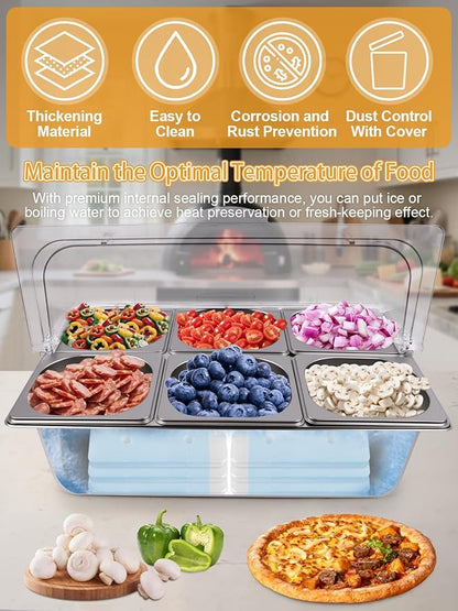 Pizza Topping Station 7 Pans Stainless Steel Spice Organizer Salad Bar Buffet Station with Spoons Ice Boxes Buffet Containers Set for Sauce Jam Ingredient Kitchen Restaurant Pantry