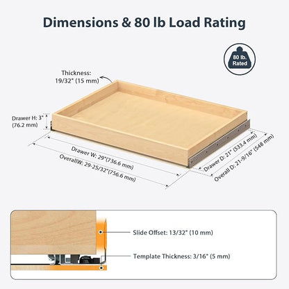 Pull Out Drawers for Kitchen Cabinets 29" W x 21" D Birch Wood | Pull-Out Cabinet Drawer, Slide Out Shelf, Concealed Soft-Close Full-Extension Slides, Bottom & Side Mount, 80 lb Heavy-Duty