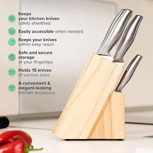 Coninx Rubber Wood Kitchen Knife Block, 15 Slots Holder, Professional Quality Organizer, Secure Stand, Keep Knives Neat & Sharp, Solution for full Drawers, Display Stand for Storage