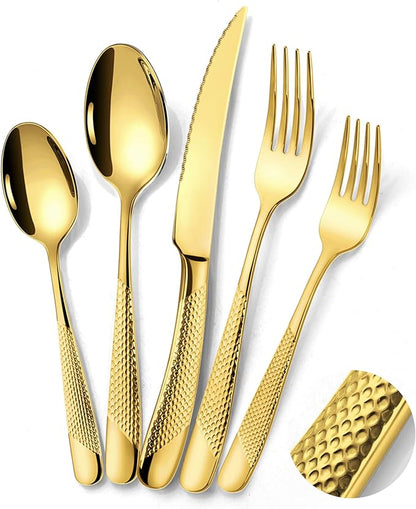 Lemeya 40-Piece Hammered Gold Silverware Set for 8,18/10 Stainless Steel Flatware Set with Serrated Forged Knives,Heavy Duty Cutlery Set for Home & Party Restaurant,Mirror Polished, Dishwasher Safe