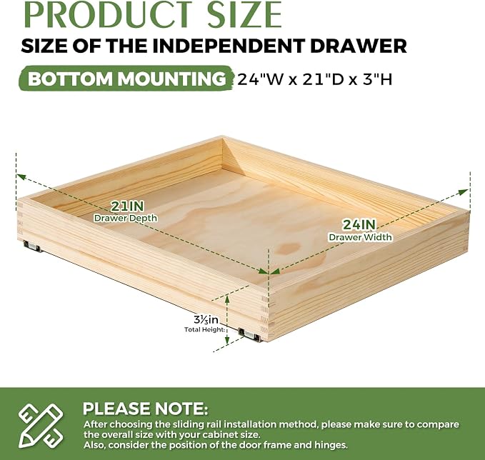 Wooden Pull Out Cabinet Organizer 24" W x 21" D x 3" H Solid Wood Drawer with Soft Close Slides Bottom or Side Mount for Pantry Bathroom Bedroom Dining Room Storage