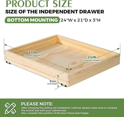 Wooden Pull Out Cabinet Organizer 24" W x 21" D x 3" H Solid Wood Drawer with Soft Close Slides Bottom or Side Mount for Pantry Bathroom Bedroom Dining Room Storage