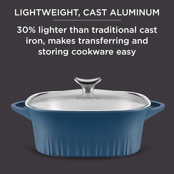 CorningWare QuickHeat 3.2-QT Cast Aluminum Roaster With Lid & Non-Stick Ceramic Interior, Lightweight and Fast Even Heat Baking & Cooking, For Meats, Soup, Browning, Searing, French Navy