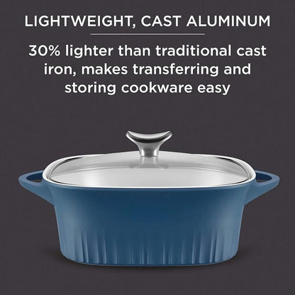 CorningWare QuickHeat 3.2-QT Cast Aluminum Roaster With Lid & Non-Stick Ceramic Interior, Lightweight and Fast Even Heat Baking & Cooking, For Meats, Soup, Browning, Searing, French Navy