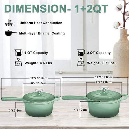 1 Qt & 2 Qt Saucepan Set, Leonyo Enameled Cast Iron Sauce Pan, Cast Iron Dutch Oven Kitchen Small Pots for All Cooktops Cooking Pasta, Milk, Oatmeal - Up to 500°F, Pistachio Green