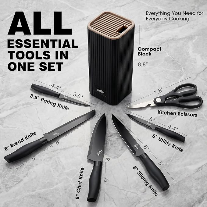 Knife Set, Kitchen Knife Set with Block, 7 Pcs Compact Knife Set, Knife Block Set Space Saving Stainless Steel Kitchen Knives with Scissors for Small Kitchens, Apartment & Everyday Cooking