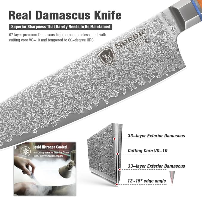 Nordic The New Shogun Series Professional 8-inch Chef Knife, 67-Layer Folded Damascus Super Steel, VG-10 Core, Rockwell 60±2 Hardness, Wood and Resin Handle, Magnetic Sheath.