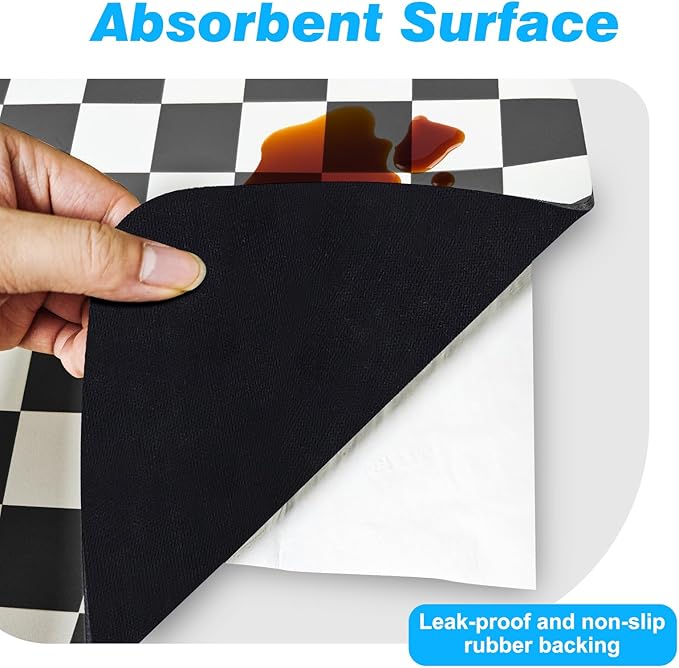 CooRug Checkered Dish Drying Mat for Kitchen Counter, Absorbent Non-Slip Coffee Mat, Heat Resistant Mat for Countertops Coffee Bar Decor 12" x 20" Black