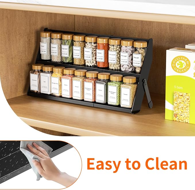 Spice Rack Organizer for Cabinet, 12.8 to 21.8in Expandable Spice Rack, Metal 2 in 1 Spice Drawer Organizer Spice Shelf for Kitchen Countertop Cabinet Drawer, Fits Jars ≤2.1in(Jars Not Included)