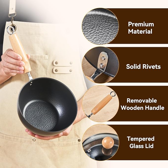 WANGYUANJI 1.5QT Iron Saucepan with Lid, Hammered Milk Pot for Boiling Ramen, Removable Wood Handle for Camping & Storage, Non-Coated Small Cookware for Single Serving, Induction Compatible