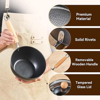 WANGYUANJI 1.5QT Iron Saucepan with Lid, Hammered Milk Pot for Boiling Ramen, Removable Wood Handle for Camping & Storage, Non-Coated Small Cookware for Single Serving, Induction Compatible