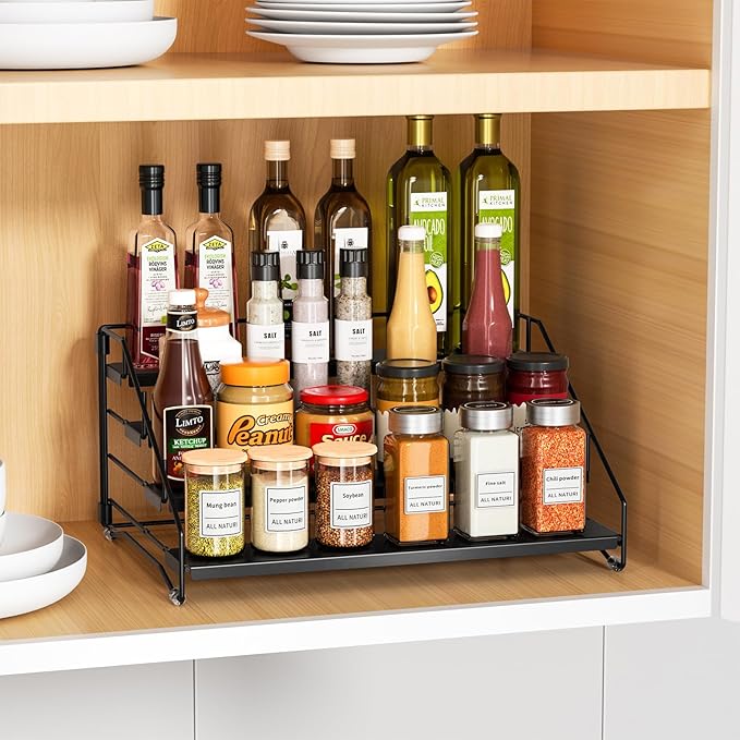 RCHYFEED Spice Rack Organizer for Cabinet Pantry,4 Tier Spice Rack Countertop, Depth Adjustable Spice Organization for Cabinet,Tierd Seasoning Organizer for Cabinet(Black, 1Pack) | for Cabinet Pantry