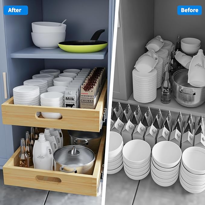 2 Set Pull Out Cabinet Organizer, Soft Close Slide Out Wood Drawer Storage Shelves for Kitchen, Base Cabinet Organization for Pantry, Finished, Heavy-Duty, Bottom Assembly (33” W x 21” D)