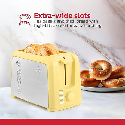 Holstein Housewares 2-Slice Toaster with 7 Browning Settings, Extra-Wide Slots, Reheat, Defrost, Cancel, High-Lift Release, Removable Crumb Tray – Compact Stainless Steel, Yellow