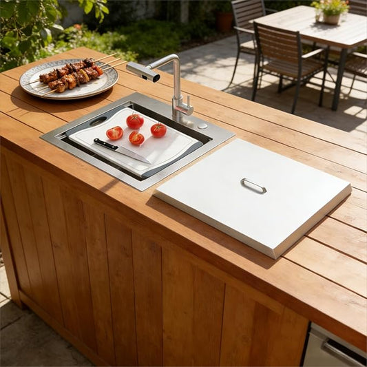 Lordear Drop In Outdoor Kitchen Sink Workstation with Pull-out Faucet 21" x 20" Bar Prep Sink 16 Gauge Stainless Steel Single Bowl Small Kitchen Camper Wet Bar Mobile Home RV Basin with Cover