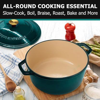 MUELLER HOME 4.5 QT Enameled Cast Iron Dutch Oven, Heavy-Duty Casserole Dish and Braiser Pan with Lid, Oven-Safe up to 500° F & Across All Cooktops, Housewarming Gifts New Home, Emerald